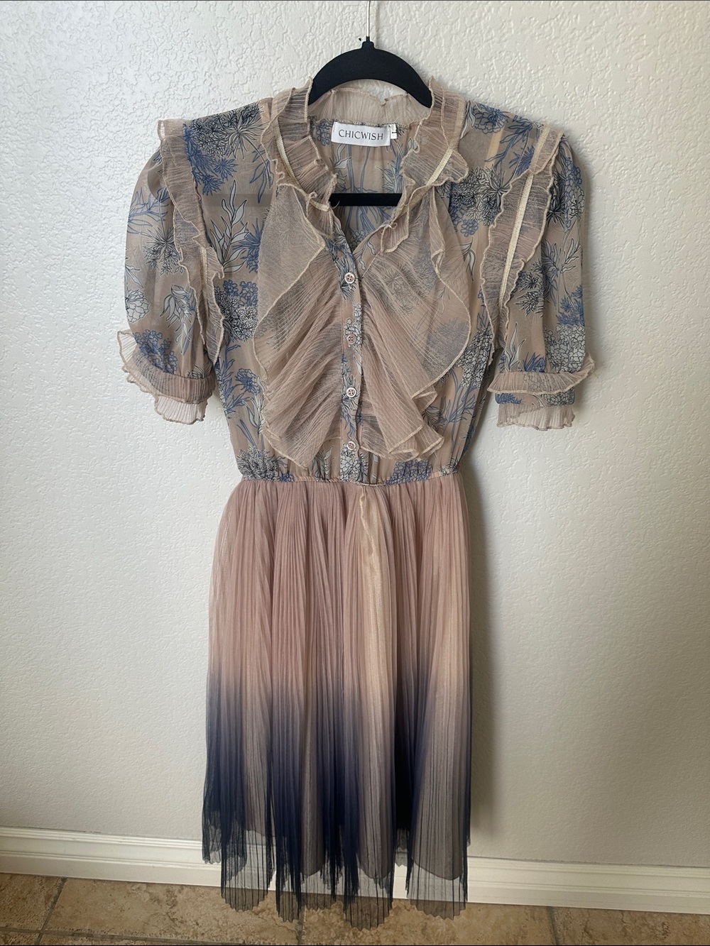 Chicwish Sheer Ruffle Floral Midi Dress in Blush & Navy Ombre